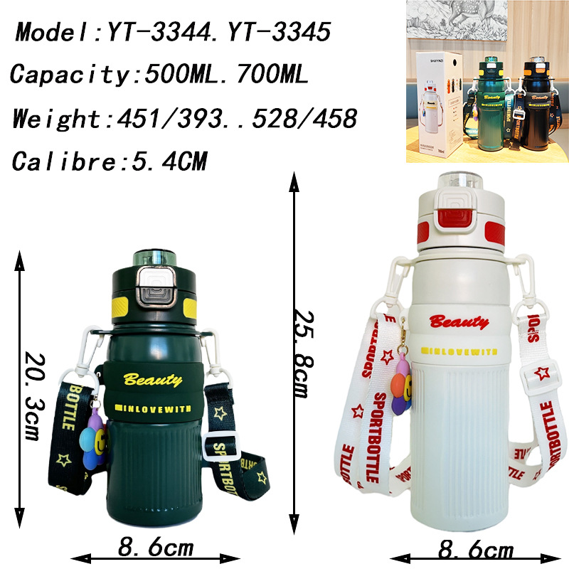 Botella de agua de alta capacidad colgante 3D doble boca de beber taza de aislamiento térmico strap al aire libre portable hervidor deportivo de agua