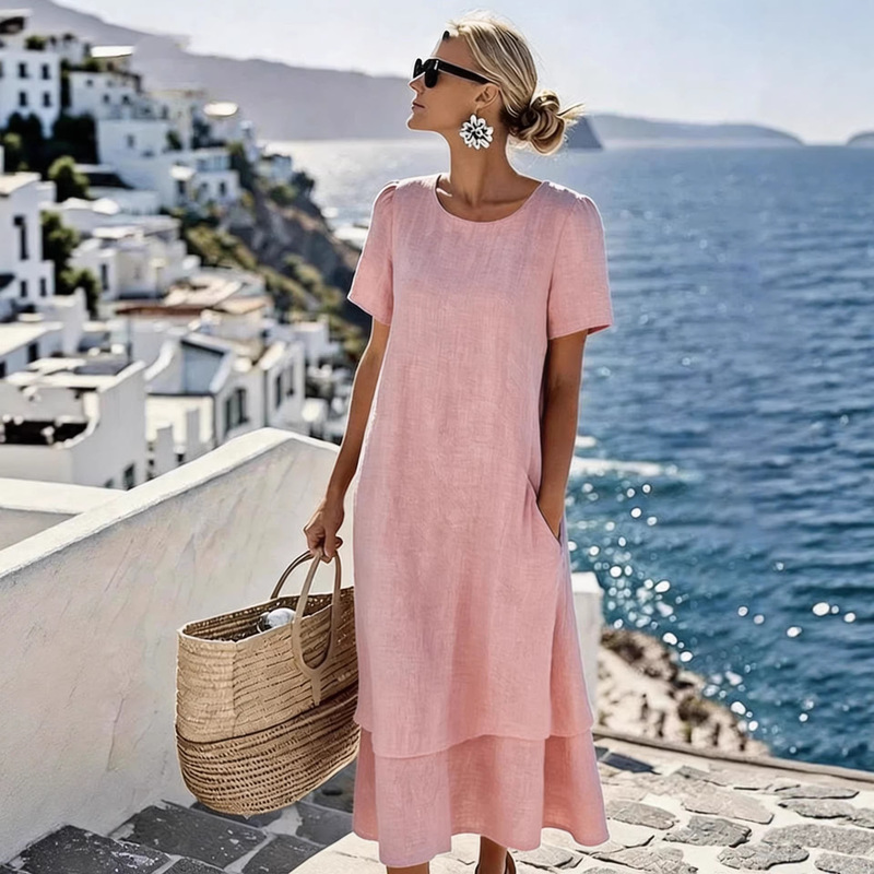 2026 European and American Cross-Border Amazon Spring and Summer Lazy Vacation Casual Double-Layer Design Round Neck Short-Sleeved Women's Dress 2026 European and American Cross-Border Amazon Spring and Summer Lazy Vacation Casual Double-Layer Design Round Neck Short-Sleeved Women's Dress