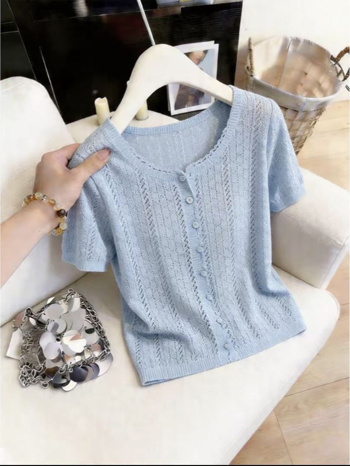 Áo thun ngắn tay nữ kiểu dáng họa tiết đục lỗ tinh tế, phong cách tiểu thơ — màu xanh nhạt