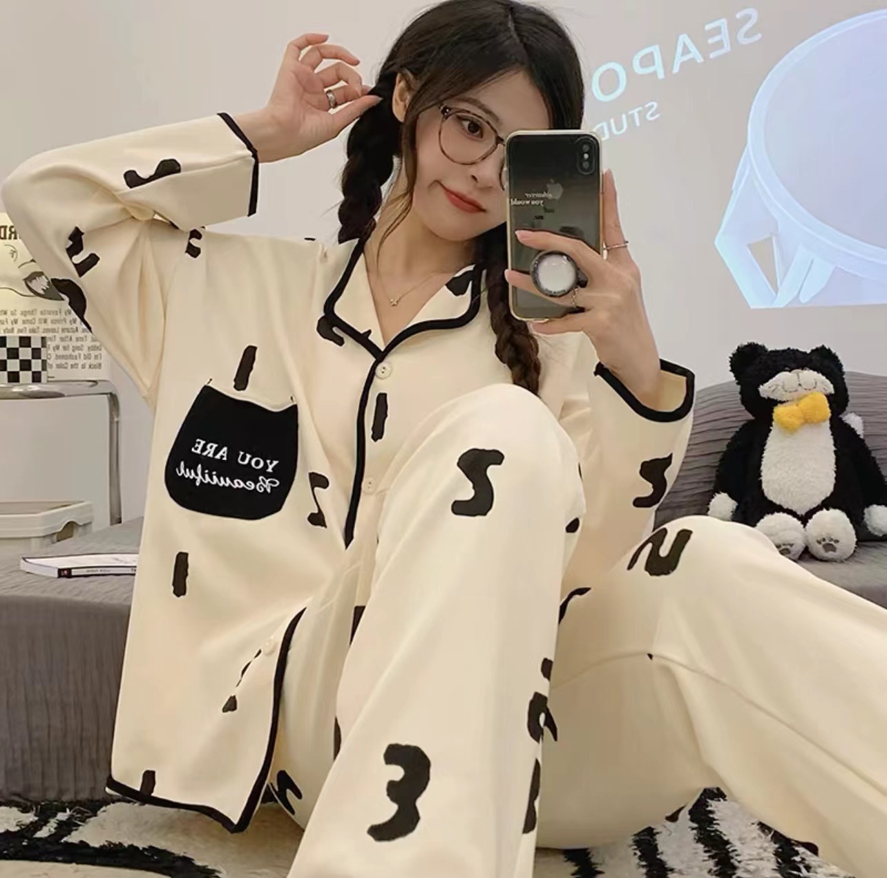 2025 pijama de perro de jade Gui primavera y otoño para mujeres manga larga dibujos animados adorables estudiantes adolescentes gran tamaño gordo mm ropa de hogar