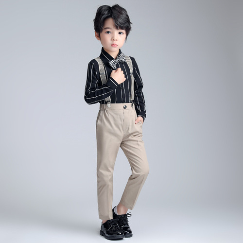 Boys toddlers wedding party strriped formal dress shirt pants piano singers host  show stage performance outfits England style boy suspenders two-piece suit for kids