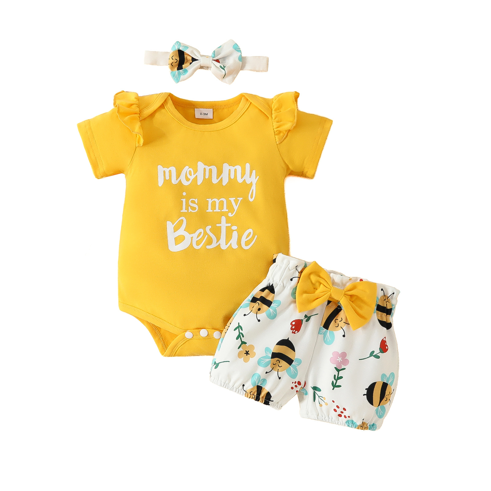 Pantaloncini a triangolo con scollo a cuore a maniche corte Set Pantaloni carini con fiori per bambina con lettera estiva per bambina_voghion.com