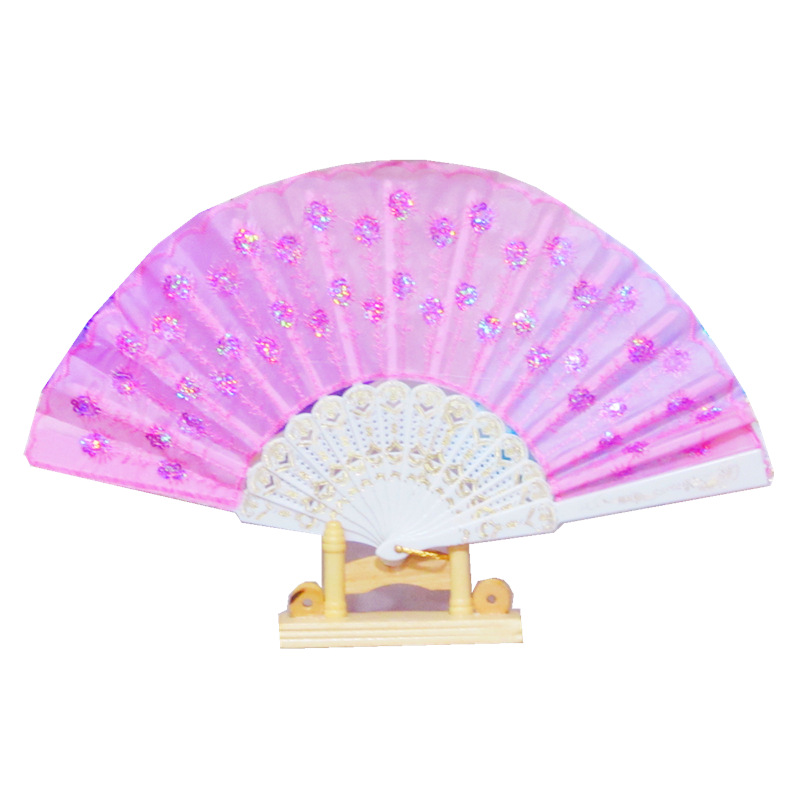 Fabricantes al por mayor de moda moderna verano español bordado de pavo real material de lentejuelas tallo de plástico abanico de tela de flores abanico de cola de pavo real