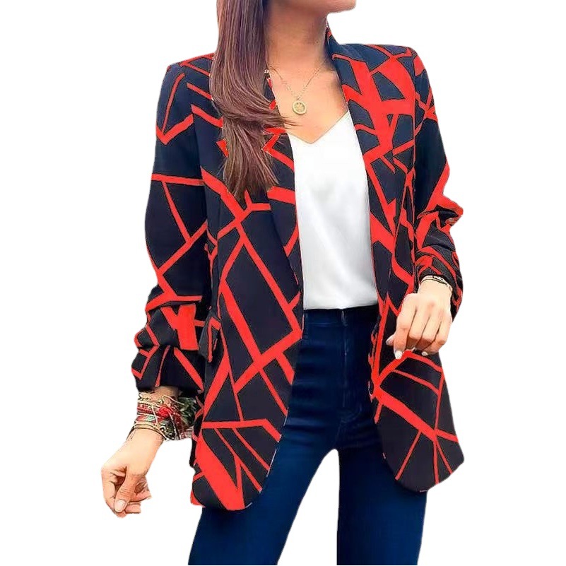 Saco Blazer Estampado Sin Botones de Poliéster Entallado Manga Larga para Mujer