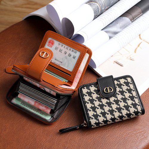 High-end wallet card holder, accordion women's short houndstooth exquisite high-end women's folding wallet all-in-one bag