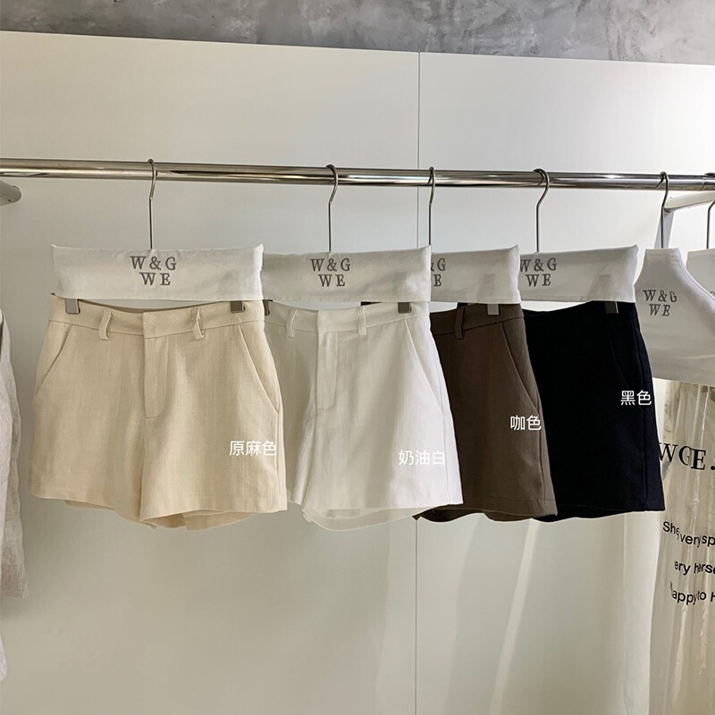 WGWE10650 Korean-style high-waisted linen suit shorts for women, straight-leg knee-length pants, simple casual work shorts WGWE10650 Korean-style high-waisted linen suit shorts for women, straight-leg knee-length pants, simple casual work shorts