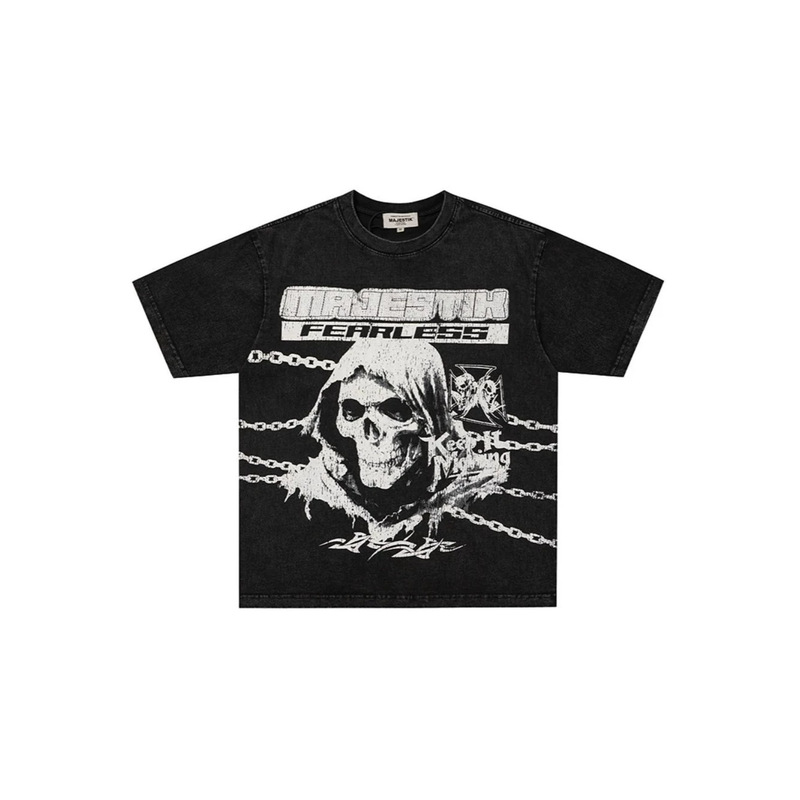American High Street Style Distressed Washed Skull Print Short-Sleeve T-Shirt for Men, Loose Fit, Trendy Brand, Vintage Chain Print Short-Sleeve