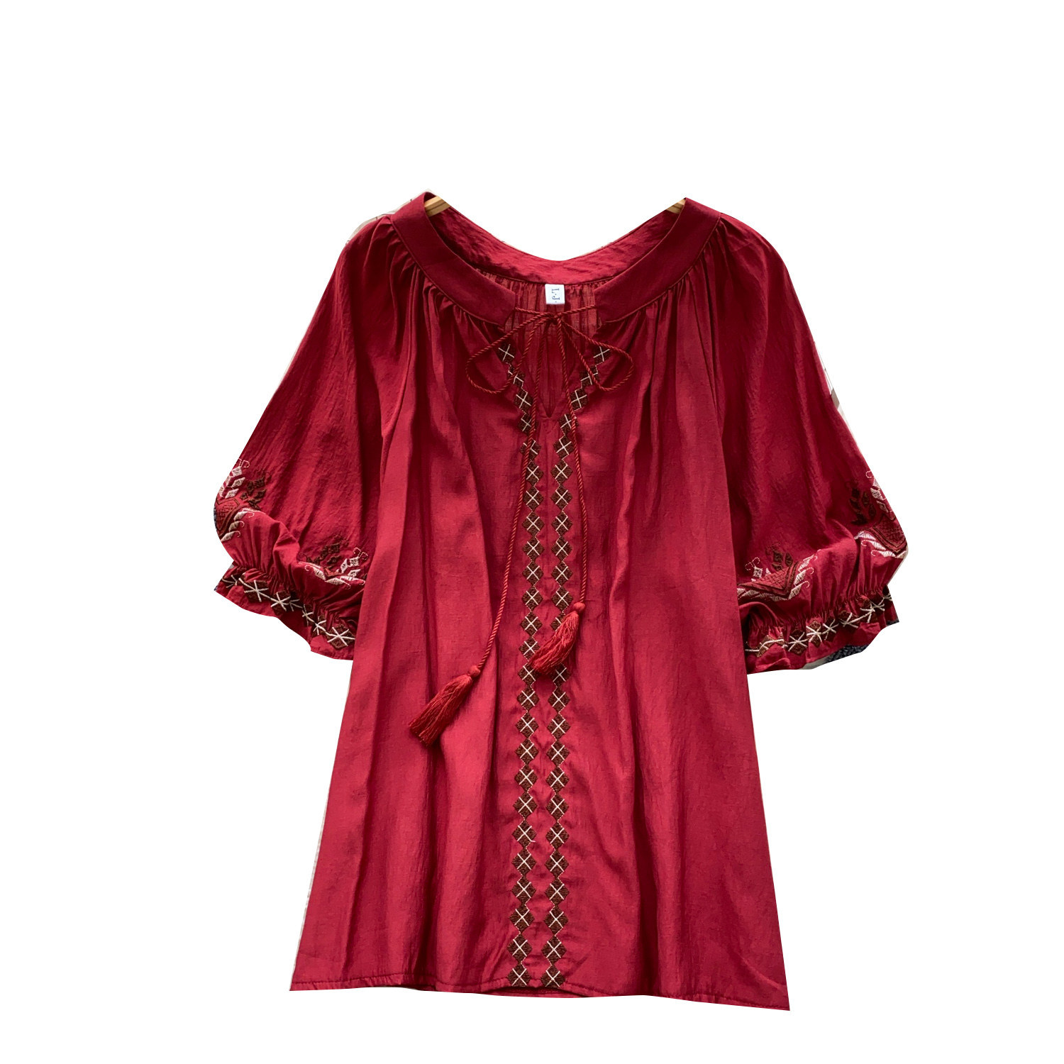 Elegant French Style Blouse for Women Red Embroidered Puff Sleeve Loose Fit Tie Waist Babydoll Top Spring Fashion_ecoleips.com