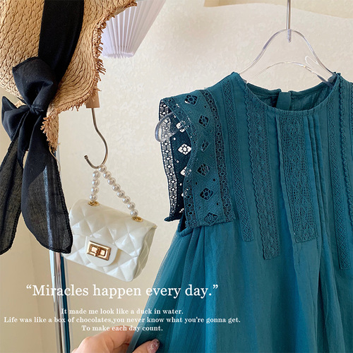  Girls Summer Turquoise Mesh Splicing Large Skirt Sleeveless Lace Vest Dress Princess Dress Trendy