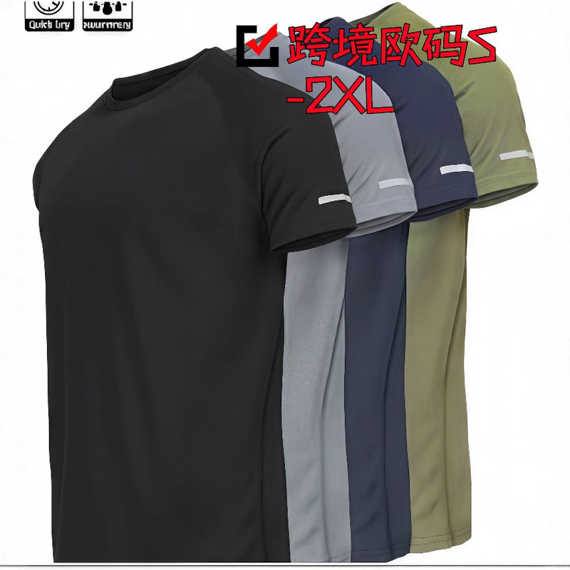 Cross-Border European Size Multi-Piece Men's Short-Sleeved Sports T-Shirt Quick-Drying Running Blue Football Training Fitness Casual Clothing
