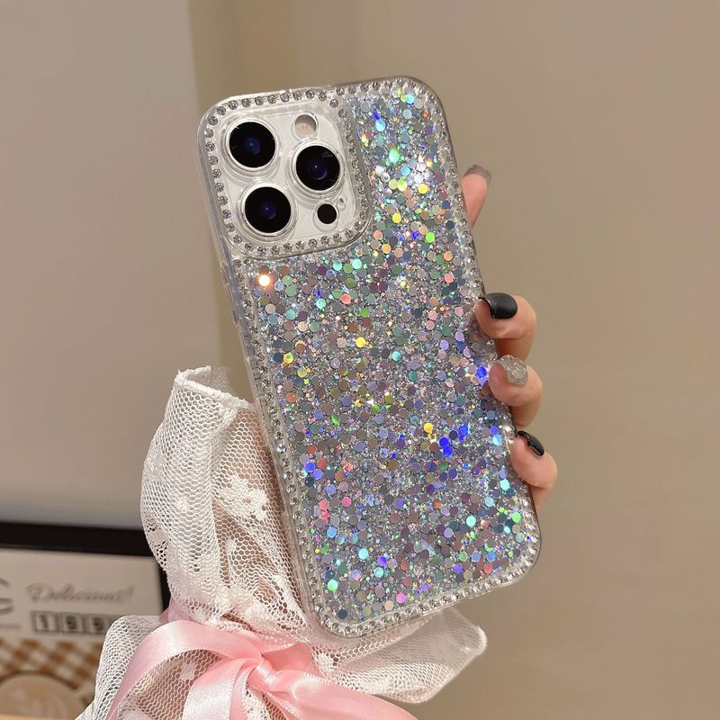 iPhone16Pro用キラキラフレーム付きスマホケース、15ライトラグジュアリーシースルー、14グリッター、13保護ケース、指紋防止|undefined