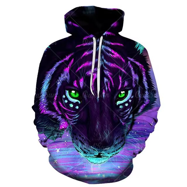3D Digital Tiger Printing Loose Sweatshirt Pullover Sweatshirt Men's Hooded fleece-lined 2024 Cross-border Foreign Trade New