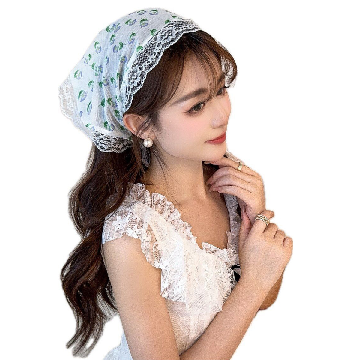 Estilo pastoral francés toallas de encaje triangular bolsa de cabello aro de mar sensación de atmósfera foto correa de cabello joyas para el cabello mujeres