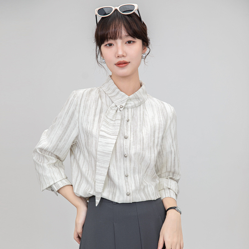 法式竖条纹长袖衬衫女2025秋季新款小众设计感飘带衬衣别致上衣|undefined
