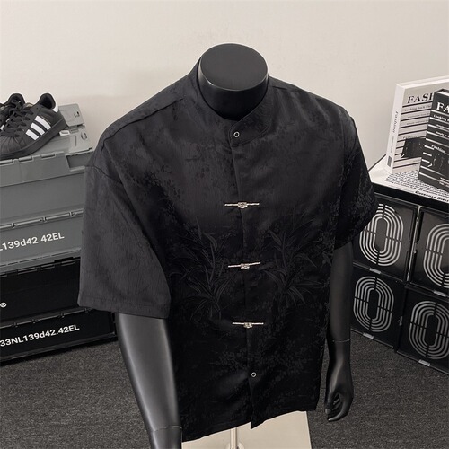 National trend new Chinese jacquard stand-neck short-sleeve shirt for men's summer retro dark pattern texture buckle tunic suit
