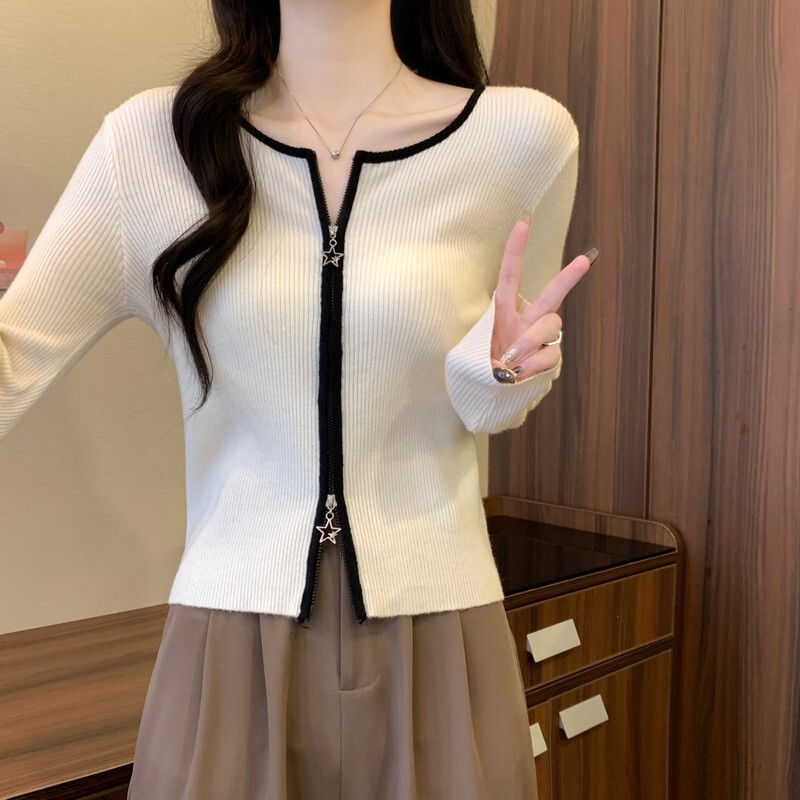 双拉链设计感撞色针织开衫女2025秋装新款内搭修身显瘦毛衣A6501|undefined
