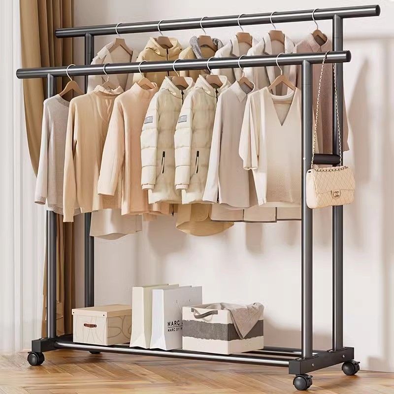 Extra Thick Double-Pole Mobile Dormitory Coat Rack Extra Thick Clothes Hanger Floor-Standing Vertical Home Bedroom Balcony Clothes Hanger Simple