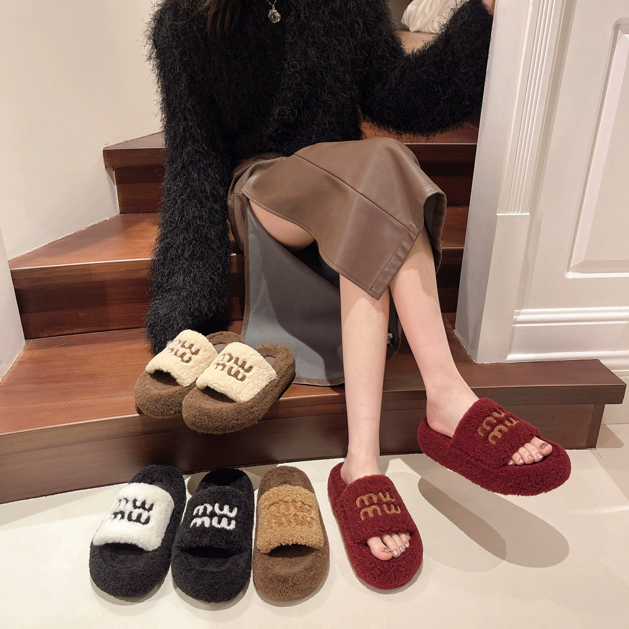 Шерстяные тапочки женская обувь осень-зима модная двойная полоса внешней торговли большой размер