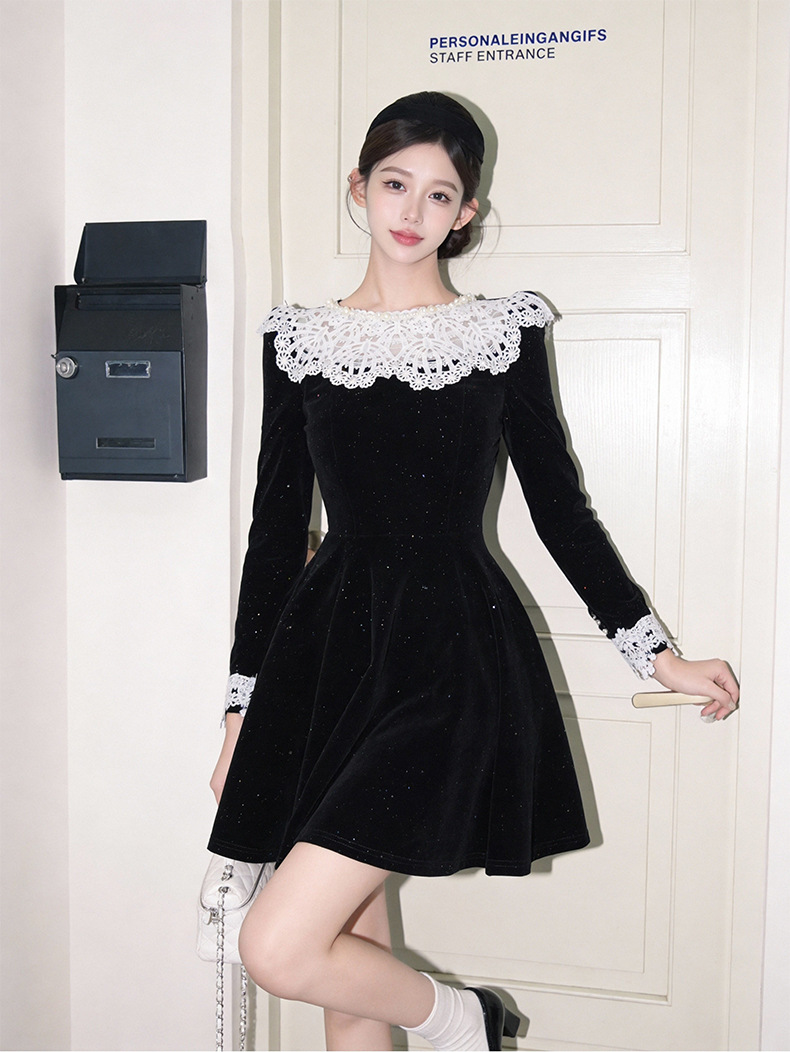 Đầm midi nhung A chữ cổ tròn ren hoa thắt eo — đen chi tiết 11