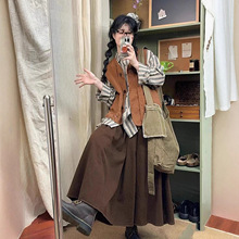 日系软妹森系简约马甲女学生秋复古半身裙休闲衬衫套装
