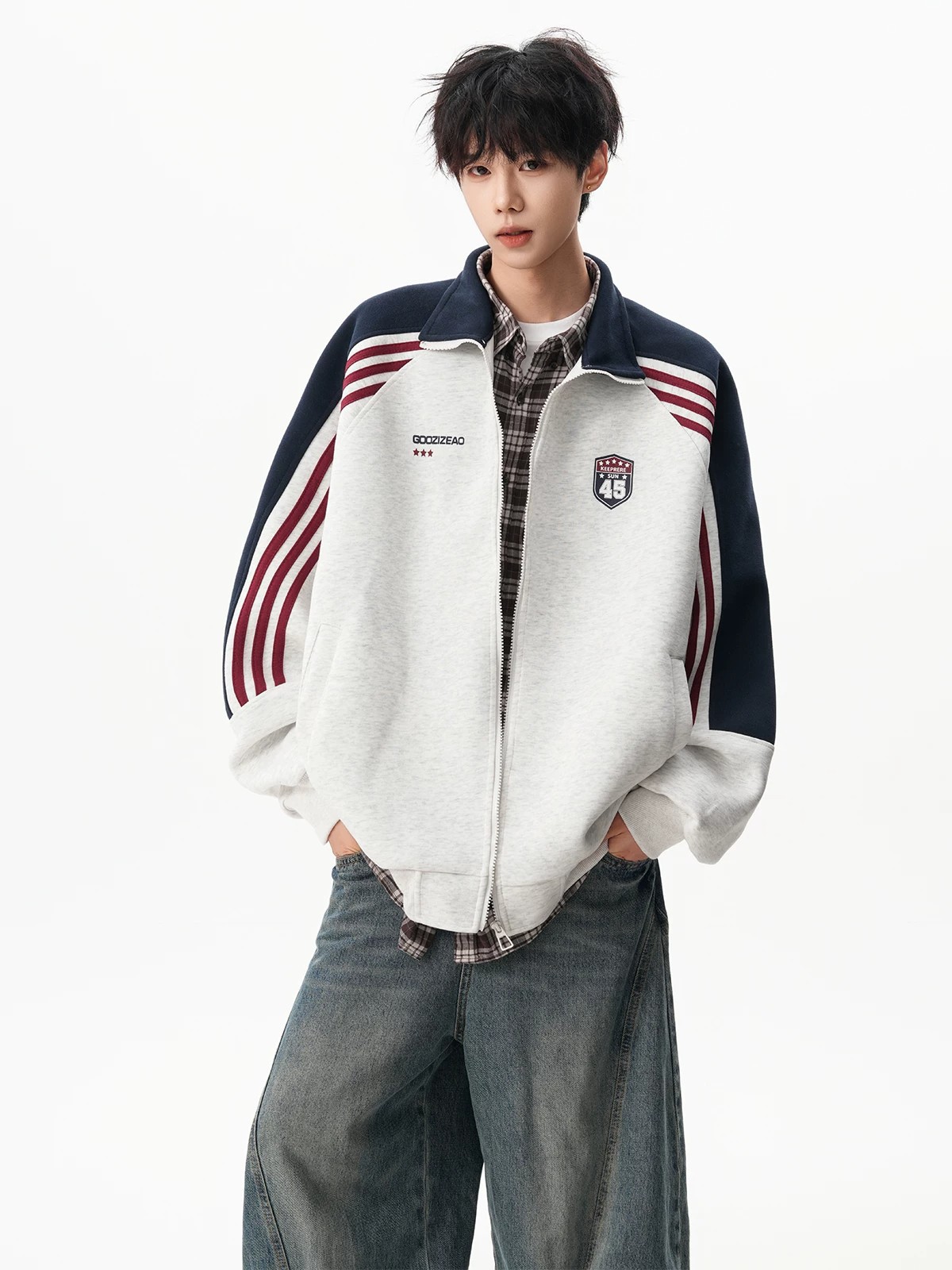American-style striped color-block stand-collar cardigan sweatshirt for men, trendy brand, loose casual couple's sports jacket for spring and autumn