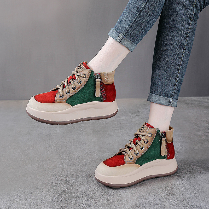 Genuine Leather High-top Leather Shoes Women's 2025 New Thick-soled Casual Short Boots All-match Casual Sneakers Vintage Women's Martin Boots