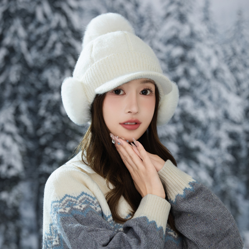秋冬帽子女韩版加绒加厚户外防寒保暖鸭舌帽护耳耳包针织毛线帽新|undefined