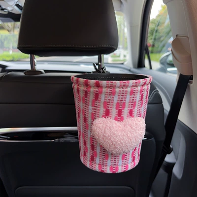Car tissue box/set: Car-mounted tissue box and trash bin - pink-heart-shaped-fabric-trash-can-clip-on-style