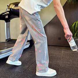 印提花卉牛仔裤男款直筒cleanfit设计感裤子美式高街微喇裤