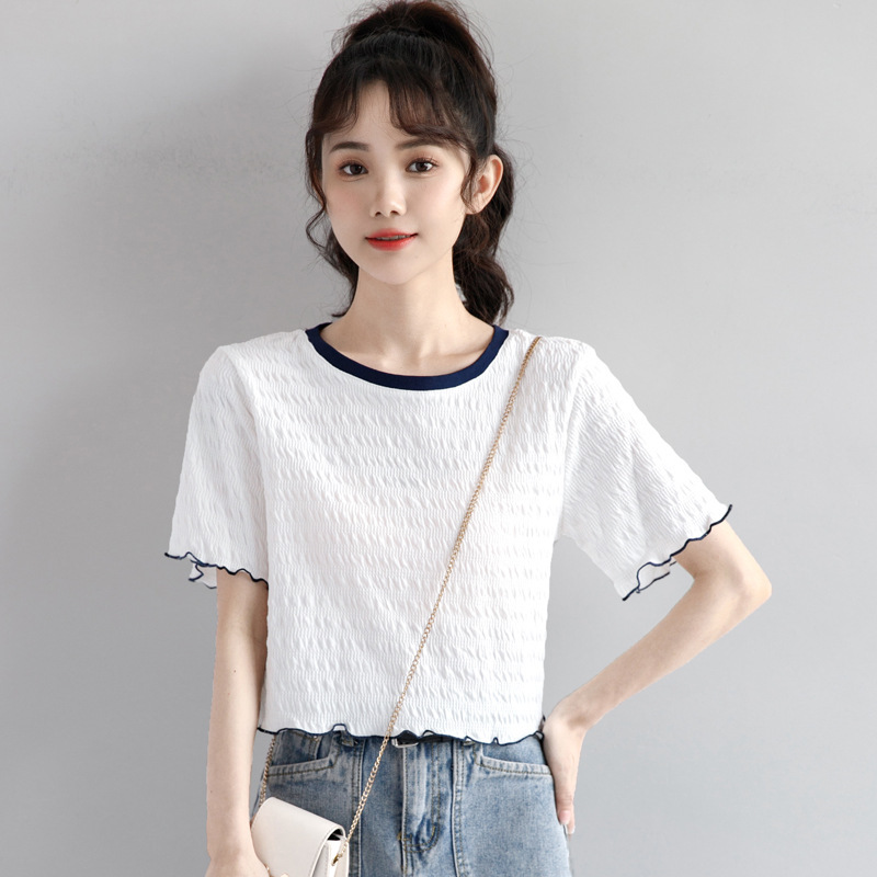 Short summer white thin shiffon T-shirt with a round collar
