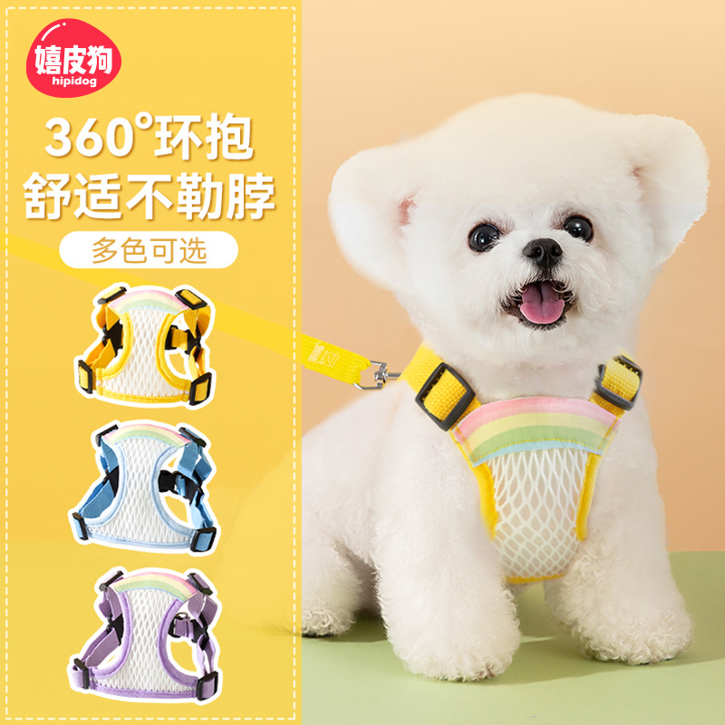 El perro sale con rejilla transpirable, correa para el pecho, correa para el arco iris, perro pequeño y mediano, peluche, gato, mascota, cuerda para pasear al perro