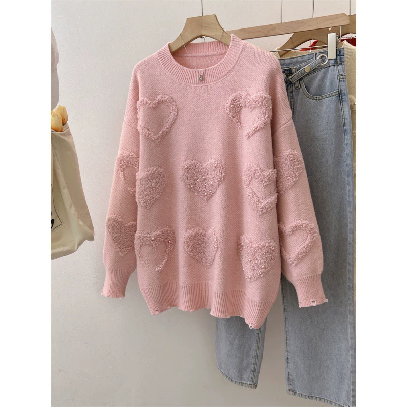 Нежный японский стиль флокировка любви свитер женский осенний и зимний новый свободный дикий свитер