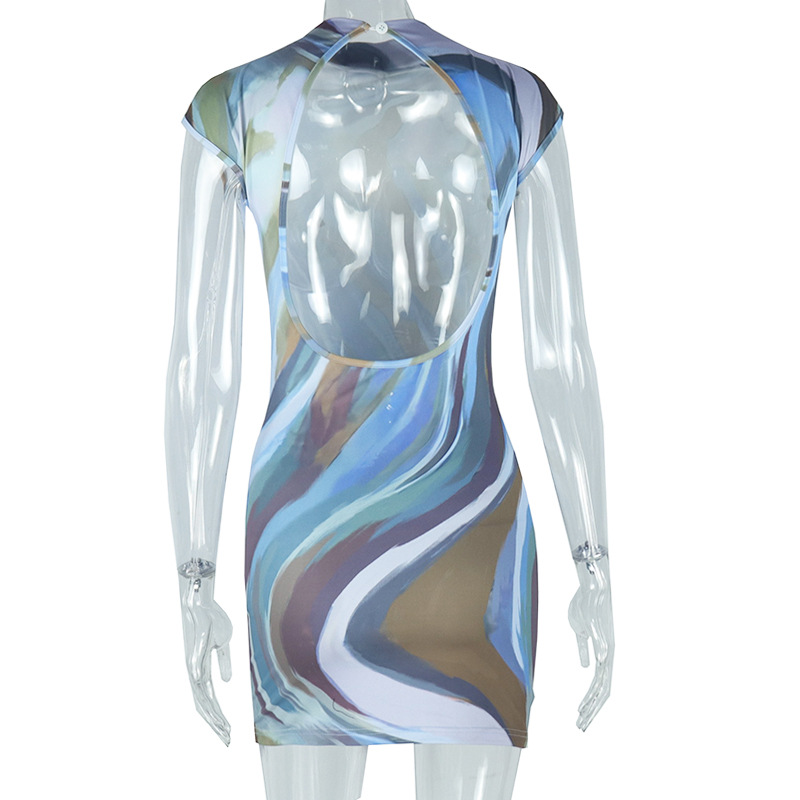 Elegant Women Printed Painted Backless Slim Fit Figure Flattering Hip Turtleneck Short Sleeveless Dress
