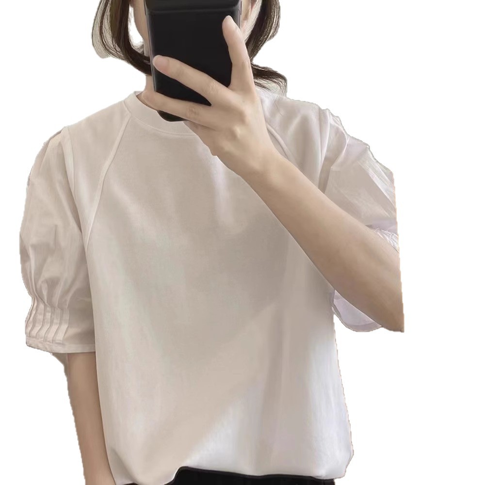 Áo thun nữ cổ tròn tay ngắn dáng rộng phối xếp li giảm béo — Màu đen tay năm tấc