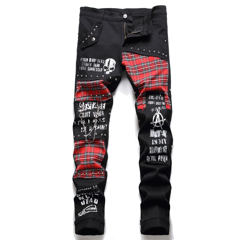 New Korean Youth League with men's stitching patch micro elastic nail hip hop small straight tube denim pants 5508