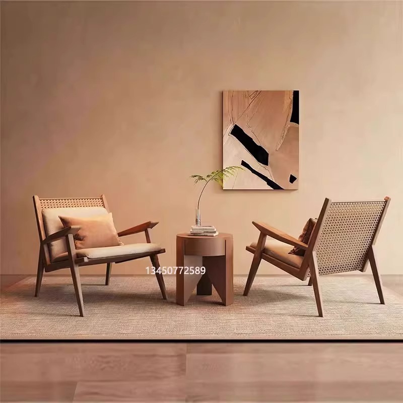 Outdoor Solid Wood Single Sofa Chair Wabi-Sabi Style Hotel B&B Guest Room Rest Area Reception Chair Designer Furniture