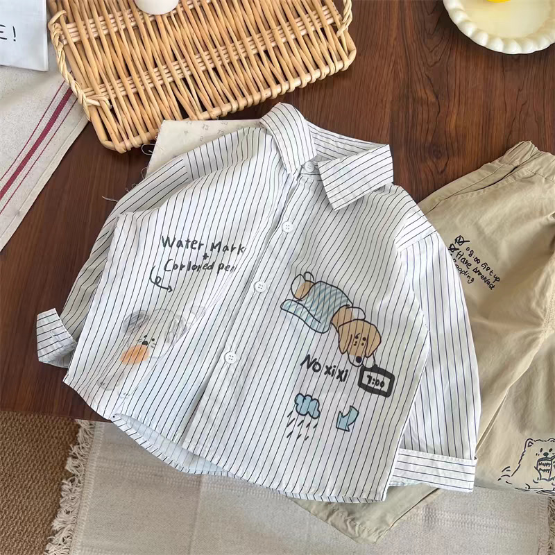 Children's long-sleeved shirt, 2025 new spring style, cartoon collared top for boys and girls, vertical striped shirt for toddlers.