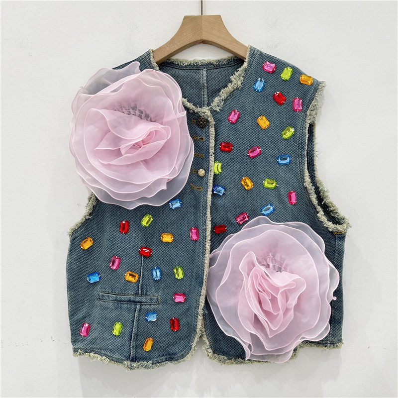 Flores rosadas nuevas fragancias retrógradas broche de cuello redondo chic bordes de lana diamante colorido diseño chaleco chaqueta chaqueta