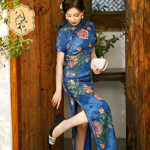 long high split cheongsam modified Chinese peony flower dress Oriental retro Chinese dress Qipao dress Cheongsam for girls 