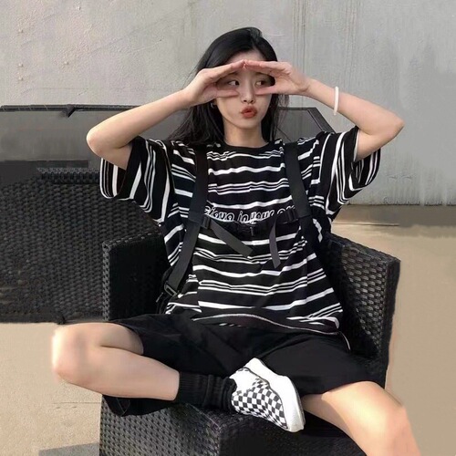 Women's Loose Short Sleeve T-Shirt and Shorts Set, 2025 Summer New Arrival, American Street Style Striped Casual Outfit