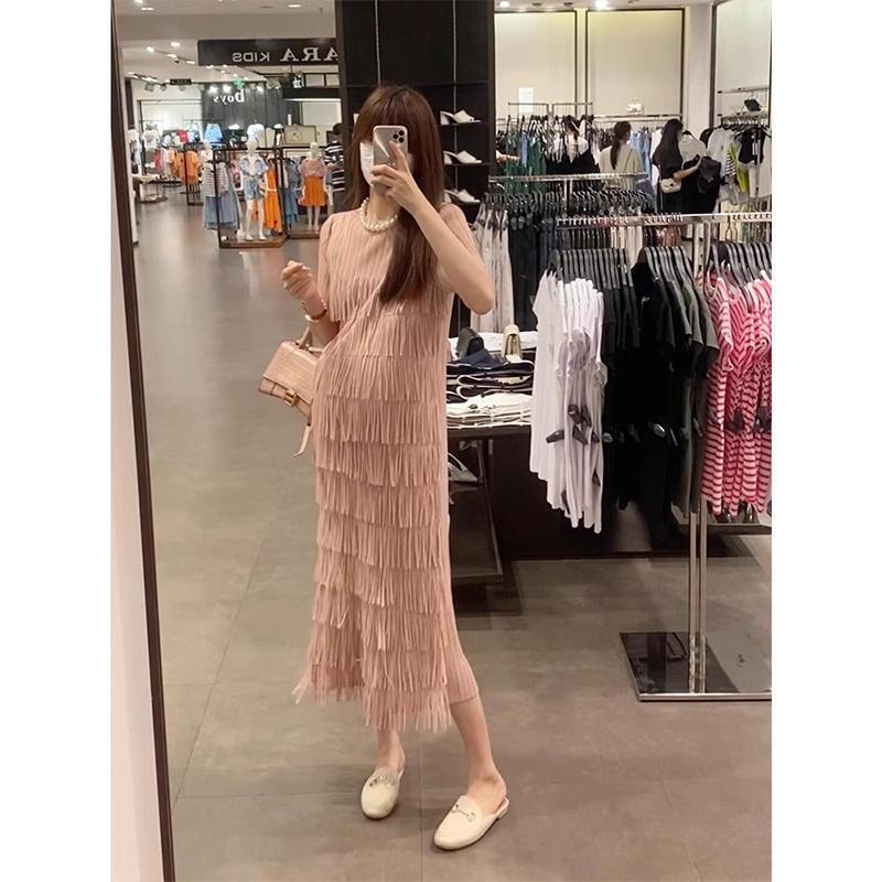 Miyake 2025 Spring New Dress Women's Casual Pure Color Round Neck Short-Sleeved Tassel Pleated Cake Maternity Dress