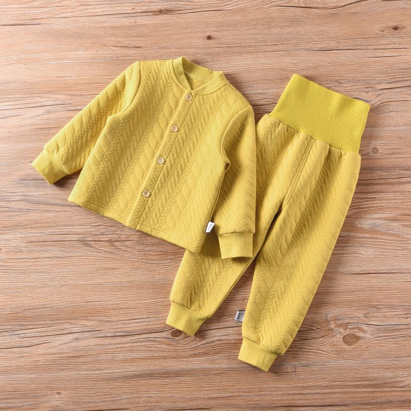 Baby Thermal Underwear Set Three-Layer Quilted Thickened Infant Cardigan Autumn Clothes Pants Belly Protection Pants Separate Autumn and Winter