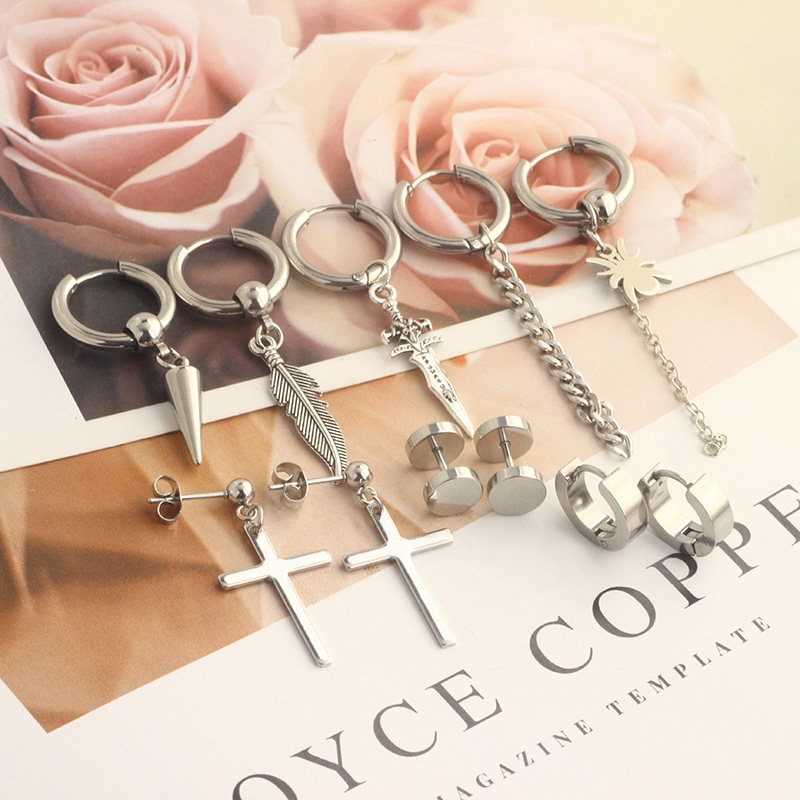 17 Pieces Set Men Stud Earrings Stainless Steel Pierced Earrings Set Black Silver Cross Earrings detail image 20