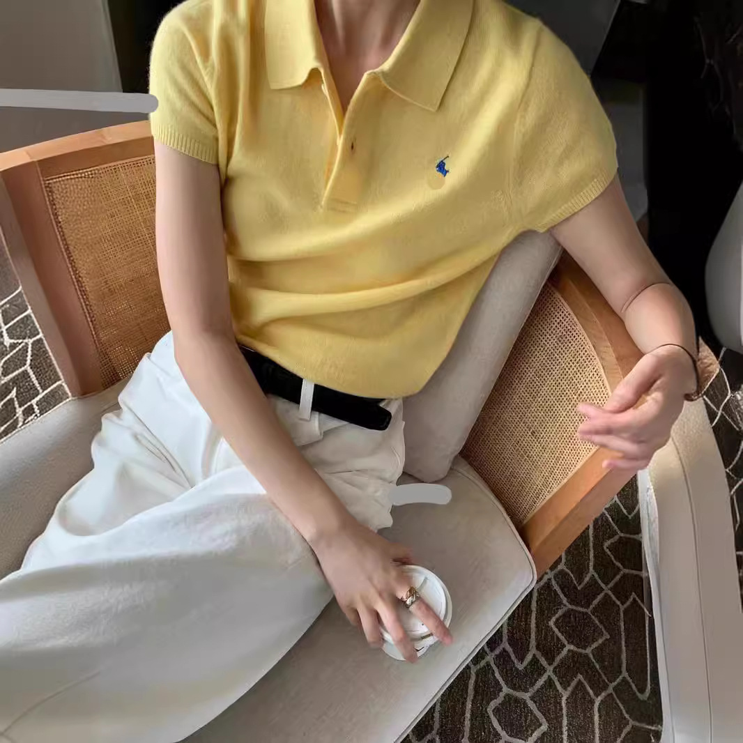 In stock RL Ruff polo shirt with embroidered pony logo, short-sleeved knit top for women, versatile and slimming, dropshipping available.