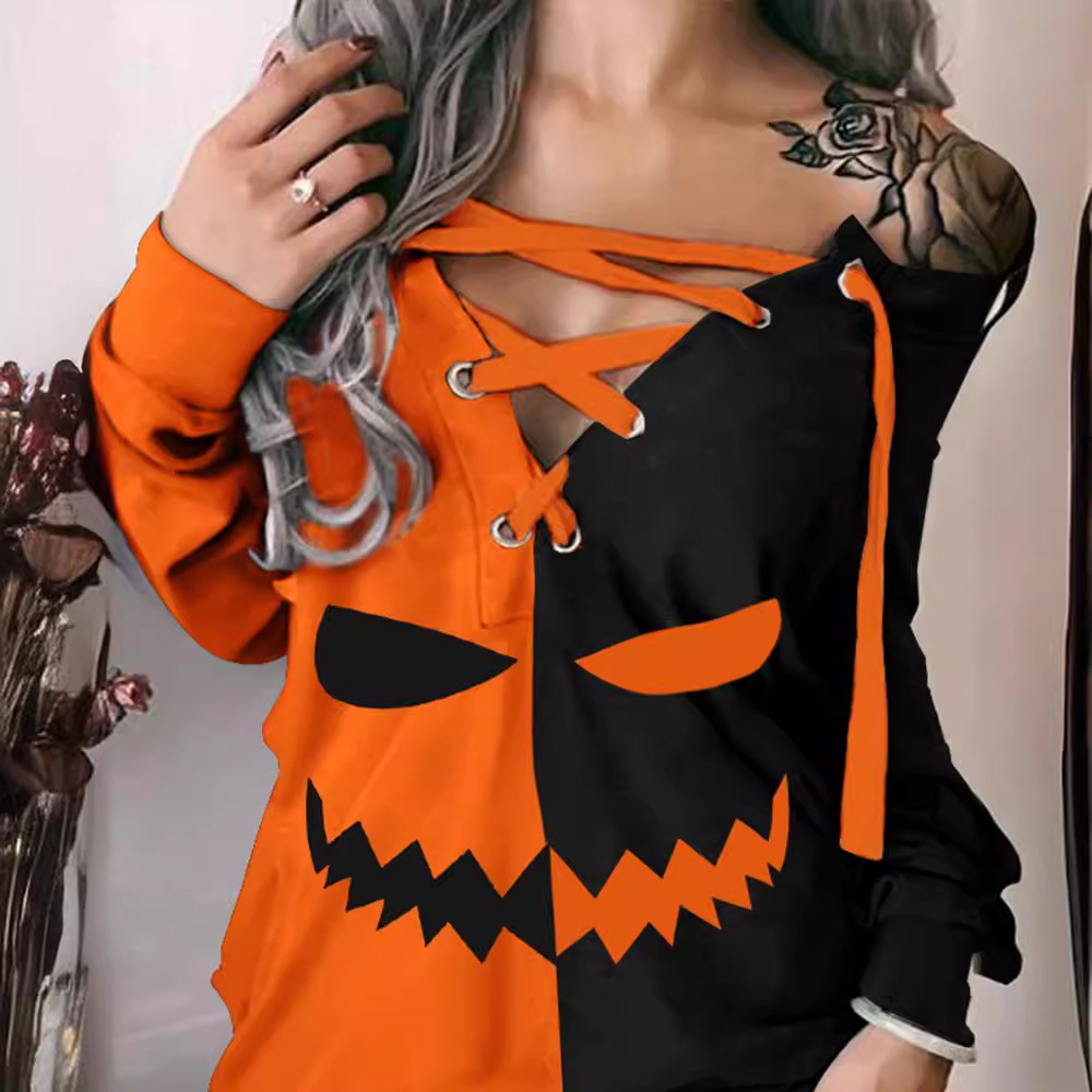 Women's Clothing women's Halloween print contrast color strap sweater dress_voghion.com