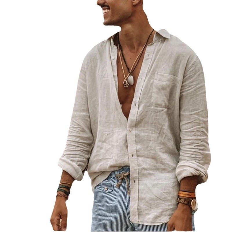 2024 neues Revers lässiges Herren-Hemdoberteil mit langen Ärmeln und Knöpfen aus Baumwolle und Leinen mit Tasche_voghion.com