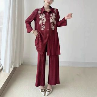 时尚气质减龄妈妈装秋套装两件套褶皱衬衫中老年妈妈装秋款一整套