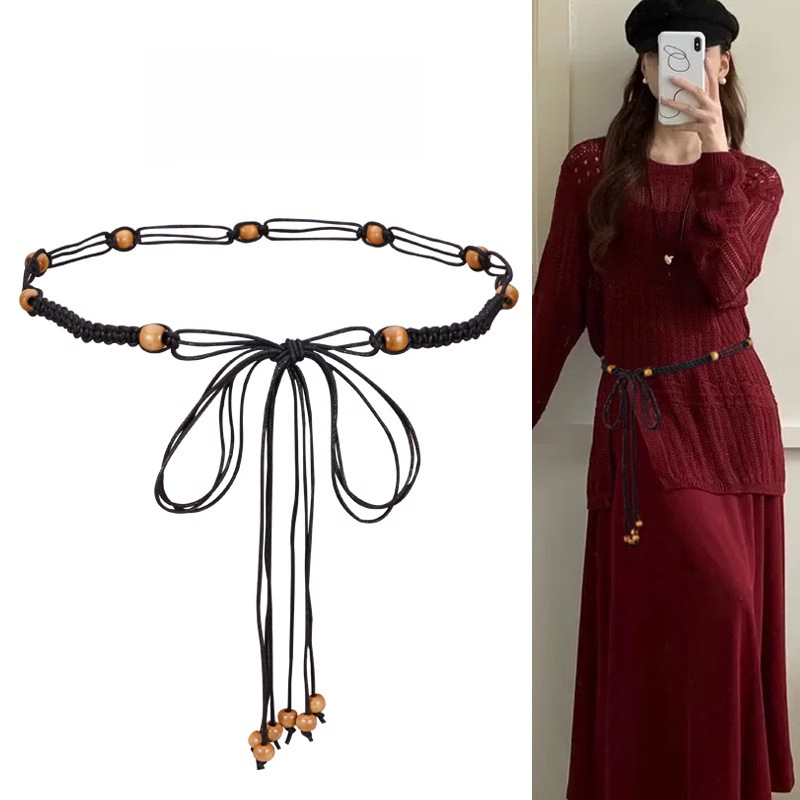 女性用ベルトアクセサリー、スカートとセーター付きのボヘミアンエスニックスタイルの織りタッセル、ブラウンウエストチェーンとウエストロープ|undefined