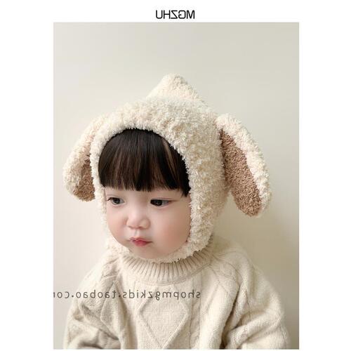 Baby hat autumn and winter plus velvet ear protection hat for toddlers thickened and warm cute bunny ears knitted hat for male and female babies