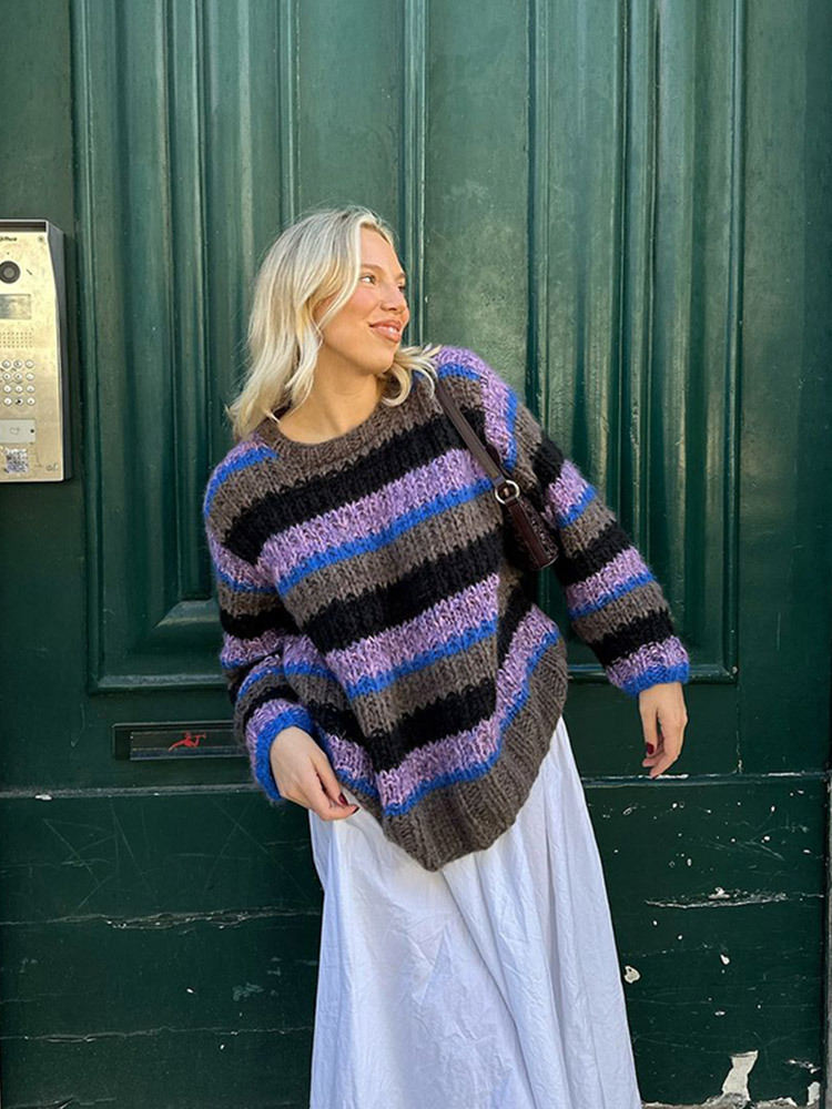 Modas de moda, temperamento relajado, suéter de punto a rayas de contraste de color para mujeres 2025, otoño y invierno, nuevo estilo transfronterizo europeo y americano image 5